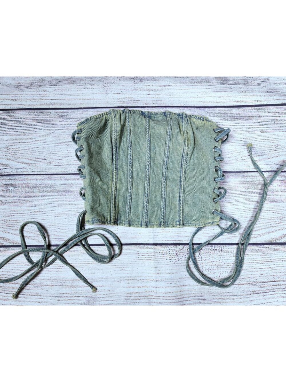 Pretty Little Thing Side Lace Denim Vintage Wash Strapless Top Size 6 USA Grunge